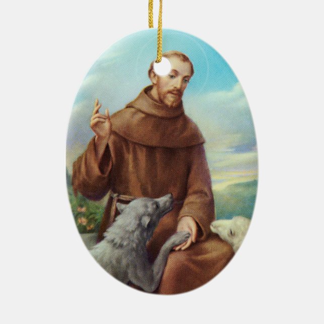 St Francis von Assisi mit Wolf Keramik Ornament (Hinten)