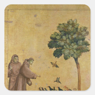 St Francis von Assisi predigend zu den Vögeln Quadratischer Aufkleber