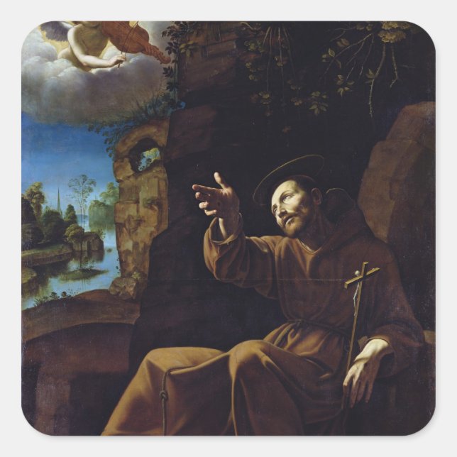St. Francis von Assisi Trost durch einen Engel Quadratischer Aufkleber (Vorderseite)