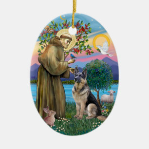 St. Franziskus (W) - Deutscher Schäferhund (C) Keramik Ornament