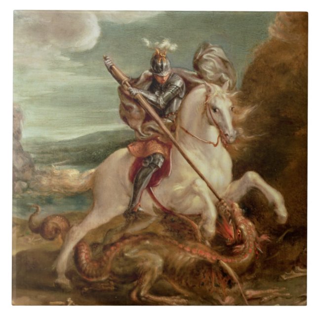 St George, das den Drachen, (Öl, tötet auf Platte) Fliese (Vorderseite)