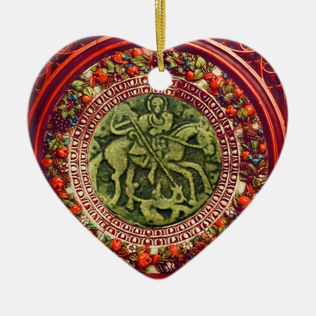 ST GEORGE, DRACHE /MADONNA UND KINDERblumenherz Keramik Ornament (Vorne)