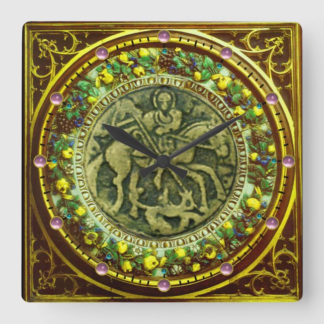 ST.GEORGE, DRAGON BRONZE MEDALLION FLORAL CROWN QUADRATISCHE WANDUHR (Vorderseite)