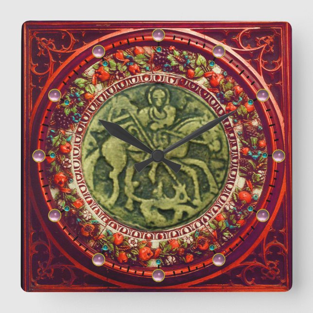 ST.GEORGE, DRAGON BRONZE MEDALLION  FLORAL CROWN QUADRATISCHE WANDUHR (Vorderseite)