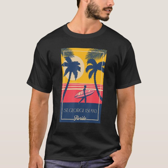 St George Island Florida Retro Surfer Beach Sunset T-Shirt (Vorderseite)