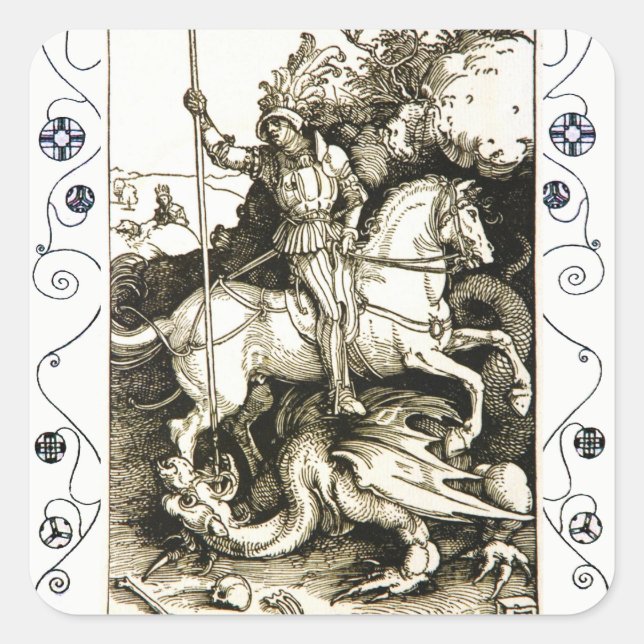 ST. GEORGE UND DRAGON , Schwarz-weiß Quadratischer Aufkleber (Vorderseite)