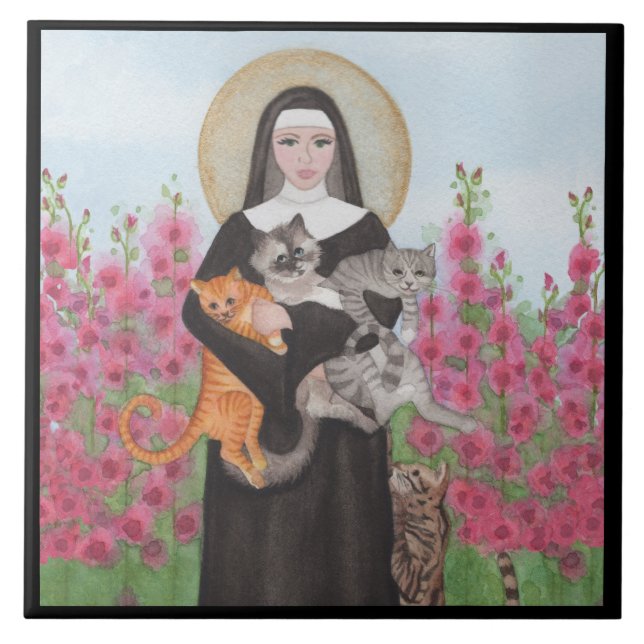 St. Gertrude Schirmherr der Katzen Wasserfarbengre Fliese (Vorderseite)