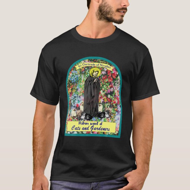 St Gertrude von Nivelles. Schutzheilige von Katzen T-Shirt (Vorderseite)