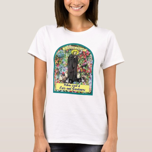 St. Gertrude von Nivelles Schutzpatron der Katzen T-Shirt (Vorderseite)