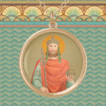 St. Henry II, Kaiser (BBS 10) Runde Vergoldete Kette<br><div class="desc">In diesem Bild, das im Beuron-Stil der Benediktinerkunst gemacht wurde, trägt der Heilige Römische Kaiser St. Henry II (972-1024) die kaiserliche Herrschaft - eine Krone, ein mit einem Hern gesäumter vermillion roter Mantel über einem aquamarinen Gewand und trägt ein Zepter und Orb, das symbolisch für seinen temporalen Power ist. Seine...</div>