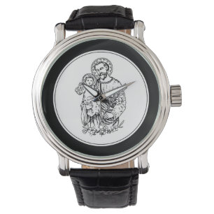 St. Joseph betet für uns Schwarz, Weiß, Katholik Armbanduhr