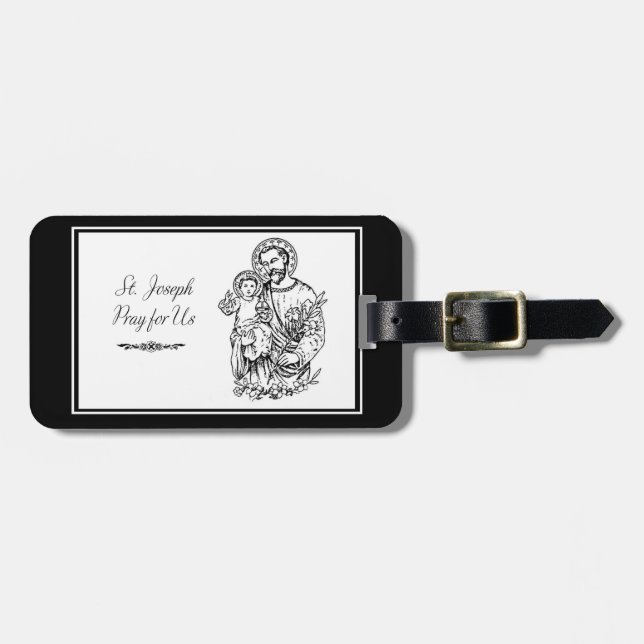 St. Joseph betet für uns Schwarz, Weiß, Katholik Gepäckanhänger (Vorderseite horizontal)