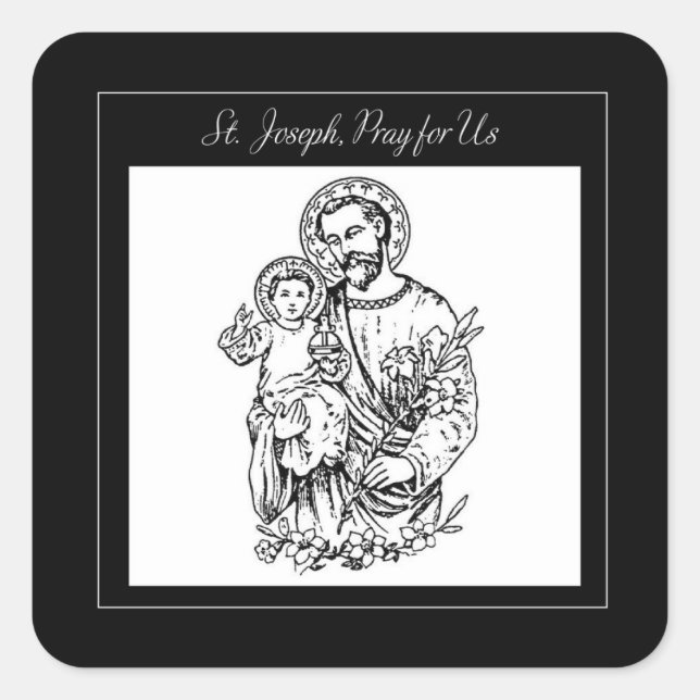 St. Joseph betet für uns Schwarz, Weiß, Katholik Quadratischer Aufkleber (Vorderseite)