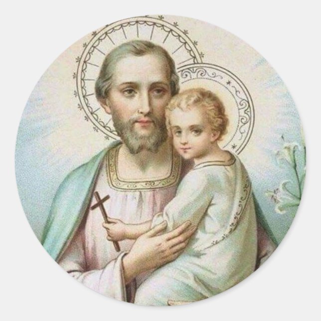 St. Joseph, Kind Jesus, Lily Staff, Kreuz Runder Aufkleber (Vorderseite)