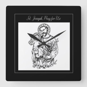St. Joseph Pray for Us Black, White, Catholic Quadratische Wanduhr