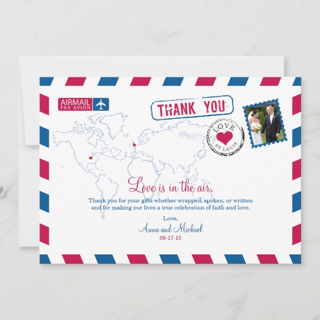 St. Louis Missouri & UK Airmail Wedding Vielen Dan Einladung (Vorderseite)