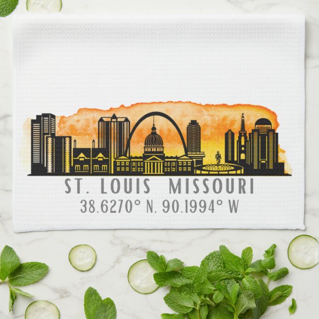 St. Louis Sunset Skyline Map Koordinaten Geschirrtuch (Gefaltet)