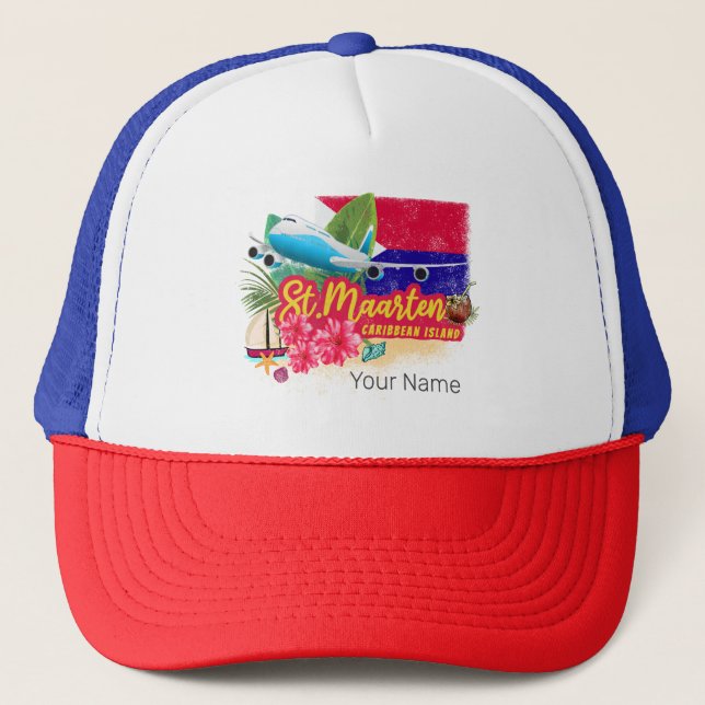 St. Maarten Retro Karibik Vintage Insel Flugzeug Truckerkappe (Vorderseite)