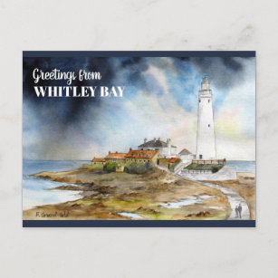 St Mary Lighthouse in Whitley Bay Watercolor Postkarte