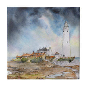 St Mary Lighthouse Whitley Bay Watercolor Fliese