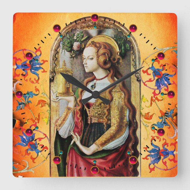 ST MARY MAGDALENE Orange Blue Floral Wirbel Quadratische Wanduhr (Vorderseite)