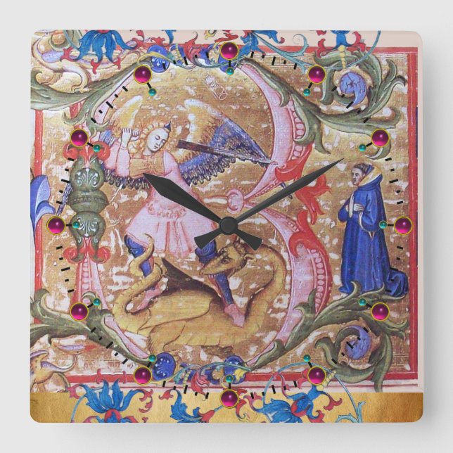 St. Michael Archangel and Dragon Antique Floral Quadratische Wanduhr (Vorderseite)