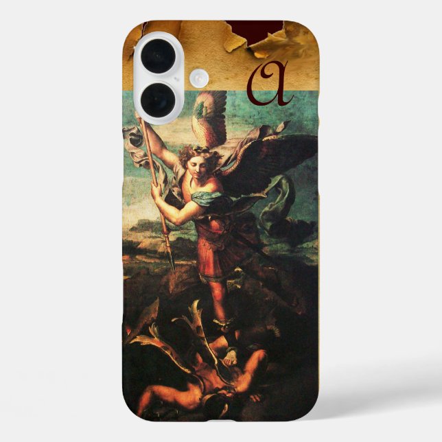 St MICHAEL ARCHANGEL VANGUISHING SATAN Monogram iPhone 16 Plus Hülle (Rückseite)