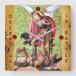ST. MICHAEL, DRACHE UND GERECHTIGKEIT Pergament Quadratische Wanduhr