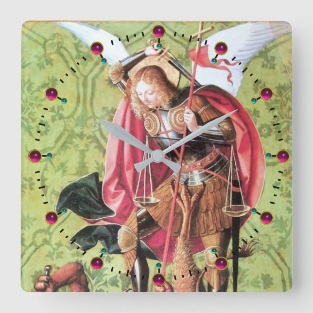 ST. MICHAEL ,DRAGON AND JUSTICE Green Pink Quadratische Wanduhr (Vorderseite)