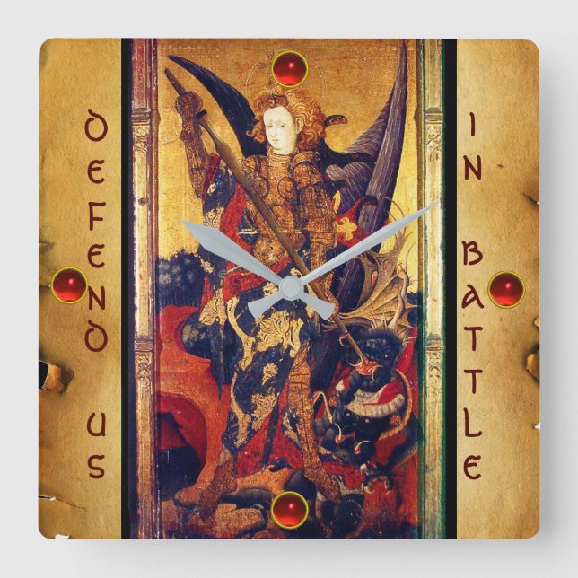 St. Michael Vanquishing Devil as Medieval Knight Quadratische Wanduhr (Vorderseite)