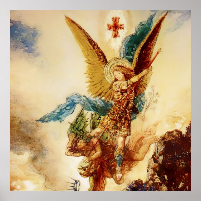 "St Micheal Vanquishing Satan" von Gustave Moreau Poster (Vorne)