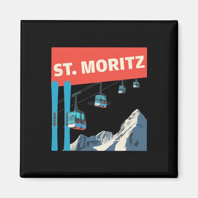 St. Moritz Skifahren - Retro St. Moritz Ski Magnet (Vorne)