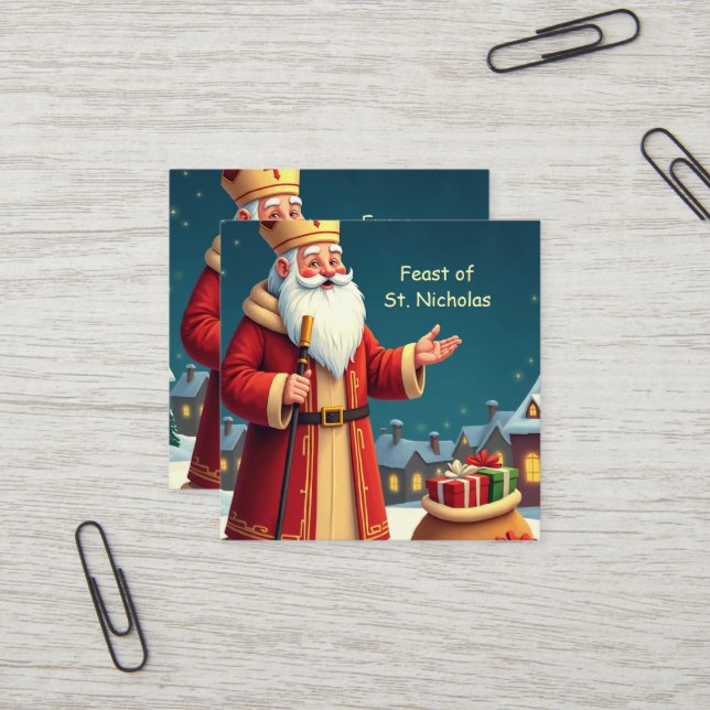 St. Nicholas Day Smiles and Warm Wishes Quadratische Visitenkarte (Vorderseite/Rückseite Beispiel)
