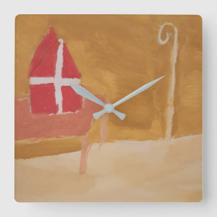 St. Nick's Day Dutch Sinterklaas Miter Watercolor Quadratische Wanduhr