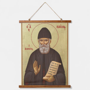 St. Paisios of Mount Athos l Orthodox Icon Wandteppich Mit Holzrahmen