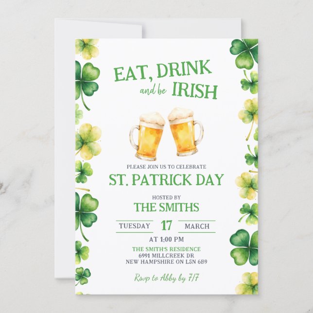 St Patrick Eat, Drink, and be Irish Party Einladung (Vorderseite)