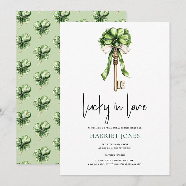St Patrick’s Bridal Shower Gold Key & Clover Einladung (Vorne/Hinten)