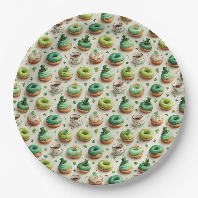 St. Patrick’s Day Donuts und Kaffee Wasserfarbe Pappteller (Vorderseite)