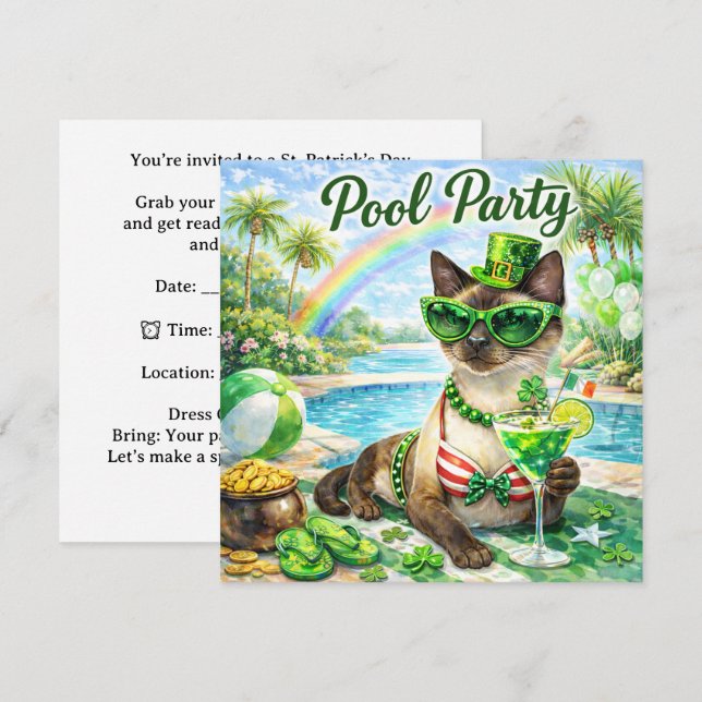 St. Patrick’s Day Glam Cat Pool Party  Einladung (Vorne/Hinten)