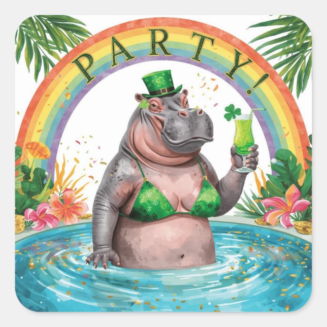 St. Patrick’s Day Glam Hippo Bikini  Quadratischer Aufkleber (Vorderseite)