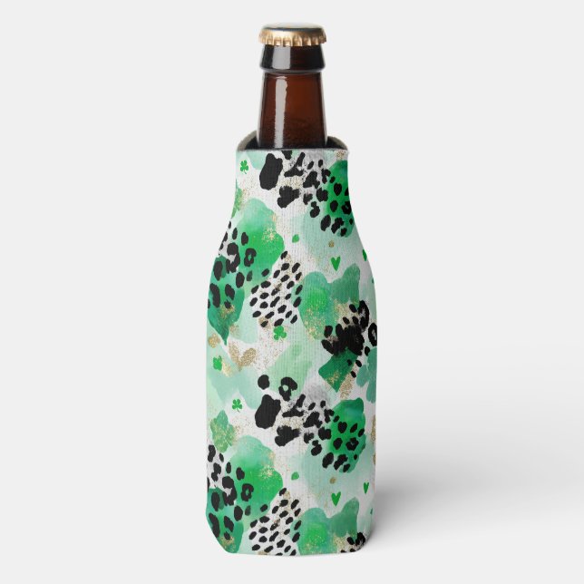St. Patrick’s Day Grüner Leopard & Herz-Kleeblatt Flaschenkühler (Flaschenvorderseite)