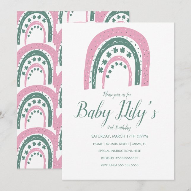 St. Patricks Birthday Rainbow Hand Drawn Pink Einladung (Vorne/Hinten)