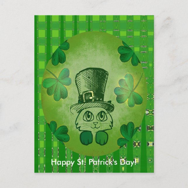 St. Patrick's Cat mit Kleeblättern Zeichnend Postk Postkarte (Vorderseite)