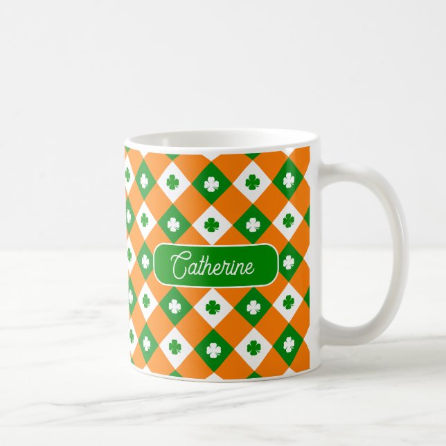 St Patrick's Clover Green Orange Kariert Name Kaffeetasse (Rechts)