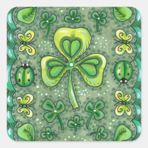 ST. PATRICK'S DACHFOLK ART KLEEBLATTS N' LADYBUGS QUADRATISCHER AUFKLEBER