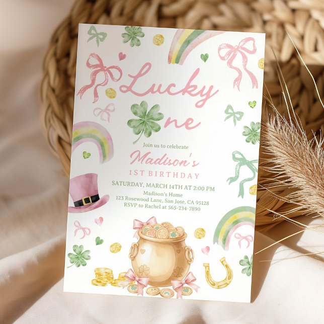 St Patrick's Day 1st Birthday Invitation Pink Bow Einladung (Von Creator hochgeladen)