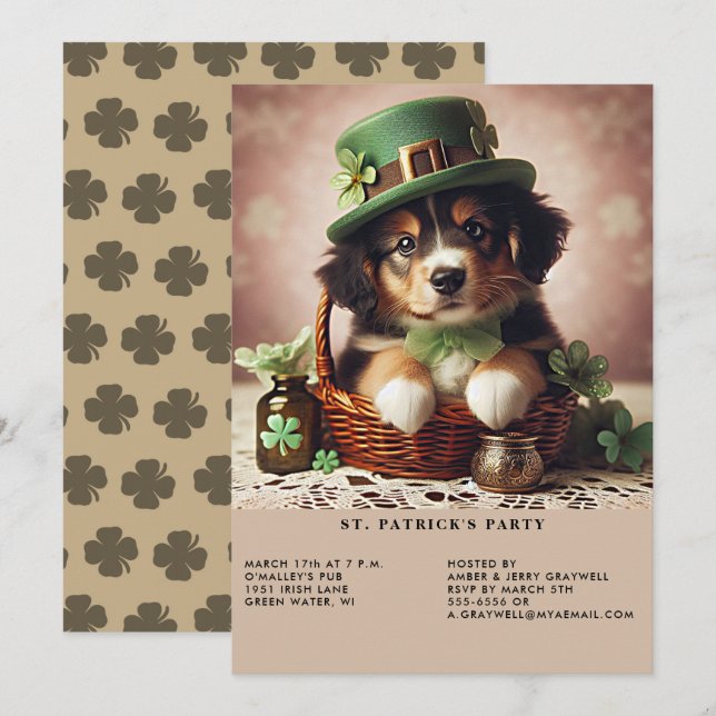 St Patrick's Day Australian Shepherd Puppy Einladung (Vorne/Hinten)