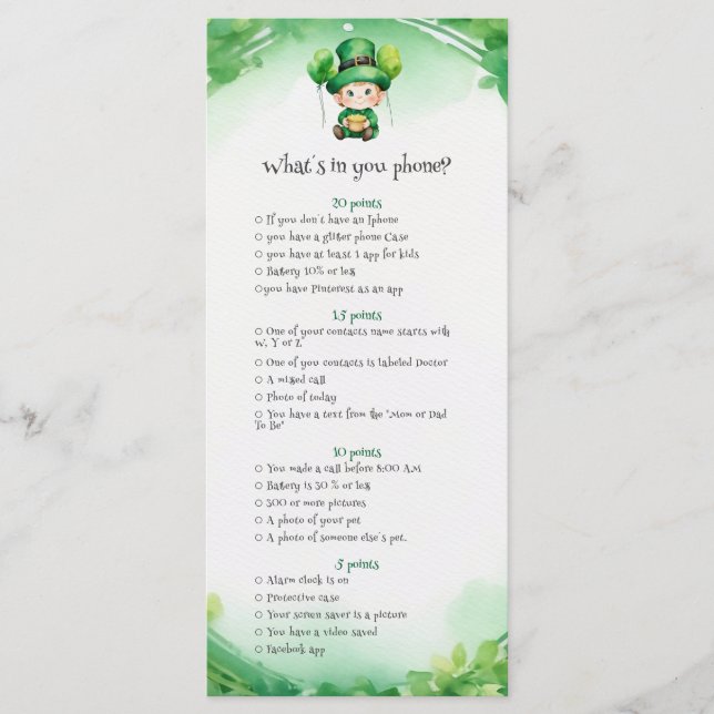 St Patrick's Day Babydusche Spielkarte Menükarte (Vorderseite)