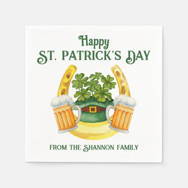 St. Patrick's Day Beer Tasse und Lucky Horseshoe Serviette (Vorderseite)