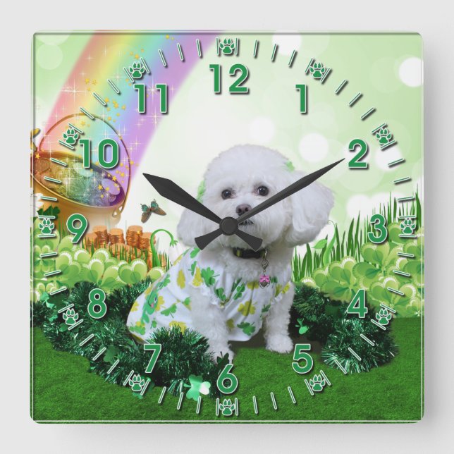 St Patrick's Day - Bichon Frise - Mia Quadratische Wanduhr (Vorderseite)
